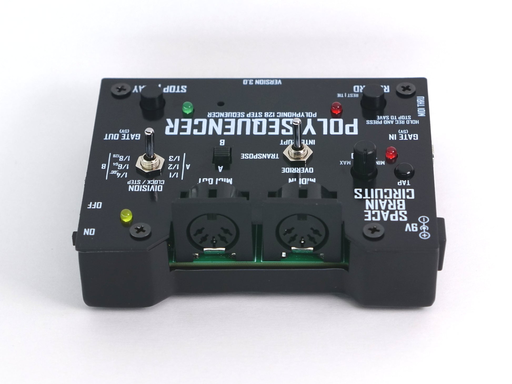A poly sequencer pedal/effect module labeled 'POLY SEQUENCER' with a rotary knob, switches, and two MIDI inputs on a plain white background.